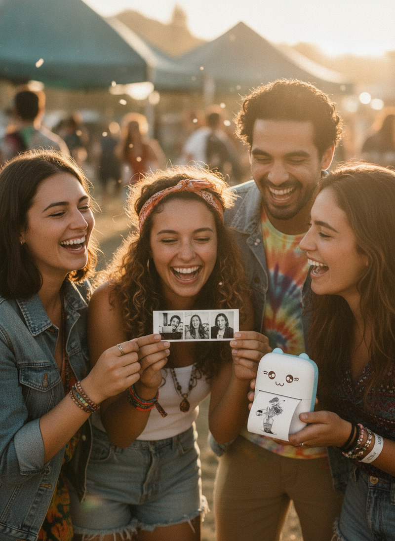 A diverse group of friends laughing at a music festival, holding a small instant photo print from a PixVolt MiniPrint.