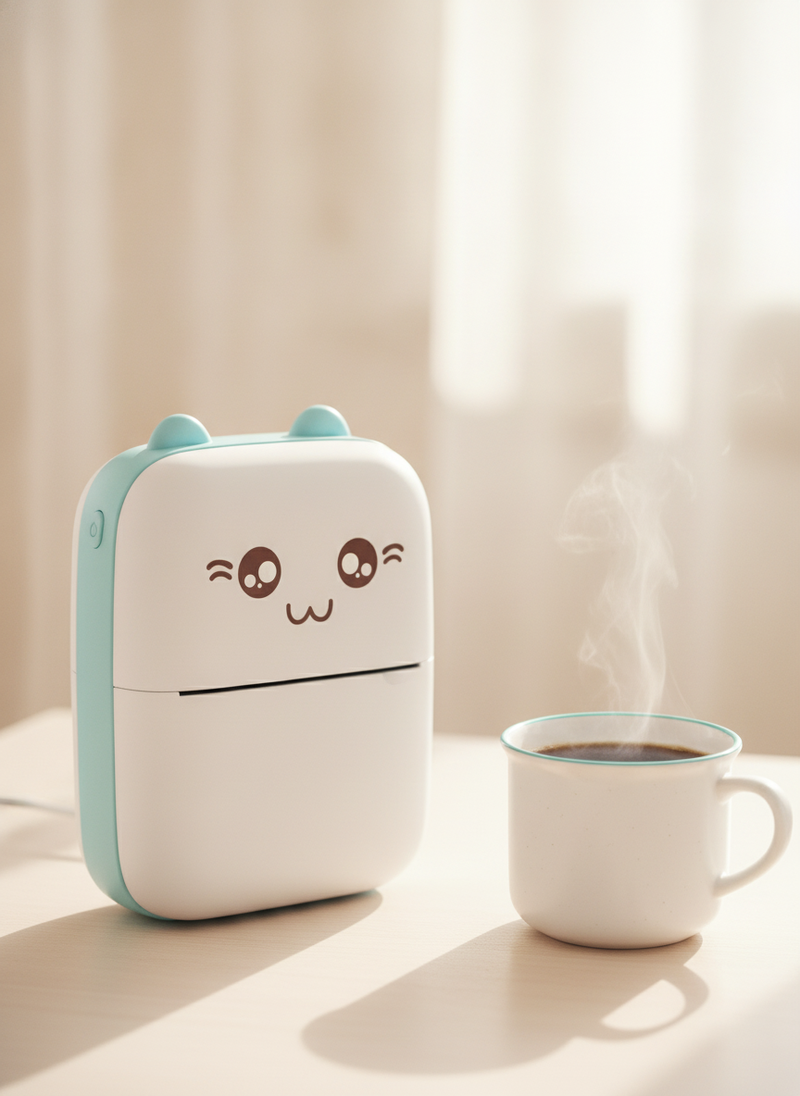 Close-up of a white PixVolt MiniPrint printer next to a cup of coffee on a light surface, illuminated by natural daylight.