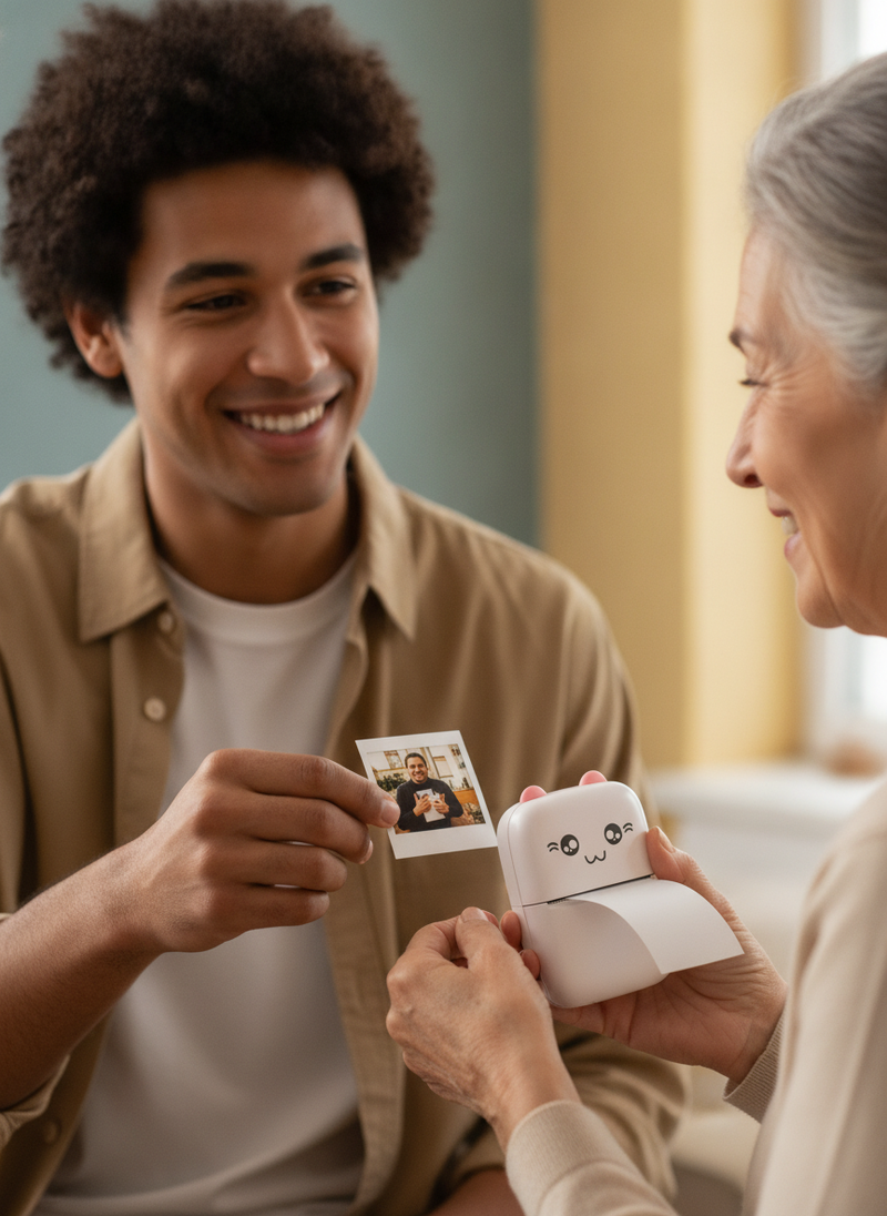A young adult customer hands a small printed photo from a PixVolt MiniPrint to an older family member.