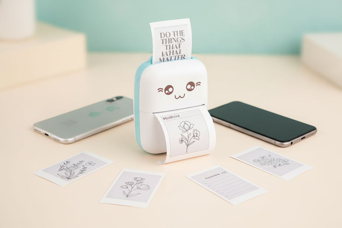 Flat lay of a PixVolt MiniPrint pocket printer, a smartphone, and several small printed photos on a cream and teal surface.